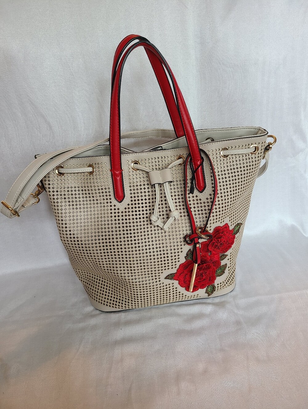Cream Tote Bag with Red Rose Embroidery and Red Handles